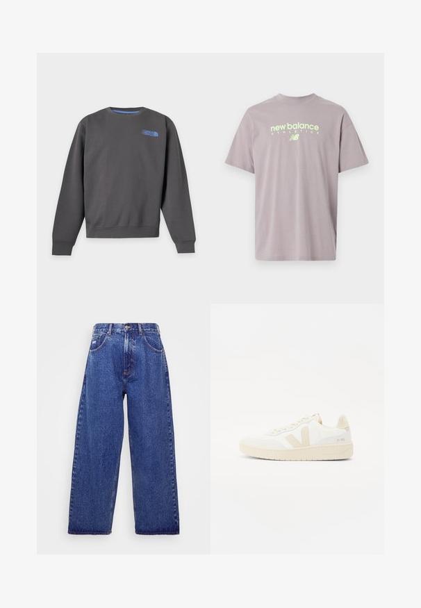 Tumehall crewneck-pusak with pikad varrukad ja väike sinine The North Face'i logo ülemisel vasakul rinnal.; Helelilla New Balance Athletics T-särk ümar kaelusega ja lühikeste varrukatega, millel on keskel kollakasroheline logotekst ja embleem.; Laiad sinised denim püksid kõrge vöökohaga, viie tasku, nupukinnitusega ja õrna pleekimisega tekstuuri jaoks.; Valged tennisjalatsid beežide aksentidega, millel on tekstuuriga pealis, ümar varvas ja paks kummist tall. Disain sisaldab ikoonilist V-logo ja brändimist.
