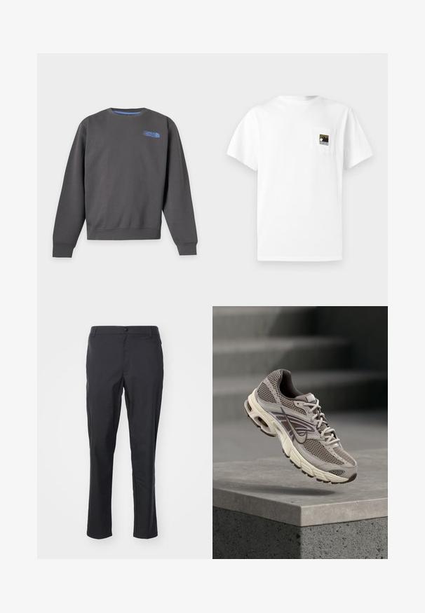 Tumehall crewneck-pusak with pikad varrukad ja väike sinine The North Face'i logo ülemisel vasakul rinnal.; Valge puuvillane T-särk lühikeste varrukatega ja rinnataskuga, millel on musta ja kuldsega mäelogo. Lihtne, kaunistusteta disain.; Kergedamad mustad püksid, mis on valmistatud kerge kangaga, omavad siledat tekstuuri, sirget lõiget ja kinnitatakse vöökoht nööbiga.; Hall ja beež Nike jooksujalats õhus ripumas betoonserva kohal, taustal hägused trepid.
