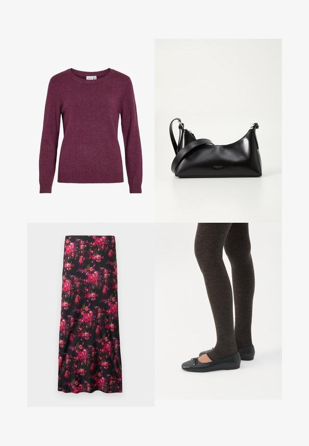 Pull en tricot bordeaux avec un col rond, des manches longues, des poignets et un ourlet côtelés. Texture douce avec un aspect légèrement chiné et subtil.; Jupe midi florale noire, dotée d'un motif vibrant de fleurs roses et rouges. Tissu lisse, forme évasée, avec un ourlet large.; Jambes portant des leggings côtelés foncés associés à des ballerines noires avec de petits détails en nœud sur fond blanc.; Sac à main en cuir noir avec une texture lisse. Dispose d'une bandoulière adjustable et d'un design élégant et minimaliste avec une fermeture éclair.