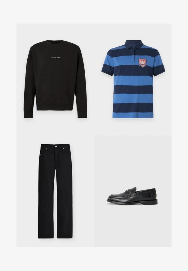 Musta collegepaita pehmeästä kankaasta, jossa on pyöreä kaula-aukko, pitkät hihat ja valkoinen "MICHAEL KORS" -logo rinnan keskellä.; Pikeepaita, jossa on vaakasuorat tummansiniset ja vaaleansiniset raidat, lyhyet hihat, kaulus ja punainen kirjailtu merkki, jossa lukee "Emporio Armani Club".; Mustat suorat farkut napillissululla, vyölenkeillä sekä etu- ja takataskuilla, esitetty vaalealla taustalla.; Mustat nahkaiset loaferit, joissa on pyöreä varvas, tikatut yksityiskohdat ja pieni kultainen yksityiskohta edessä. Pohja on litteä ja huomaamaton.
