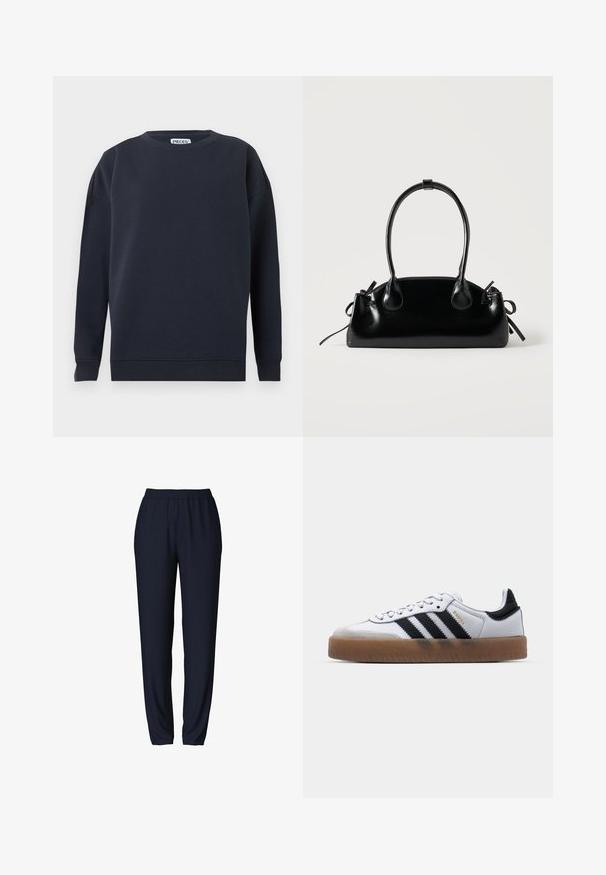 Sudadera azul marino de manga larga con cuello redondo y puños y bajo acanalados, mostrada sobre un fondo liso gris claro.; Pantalones de chándal azul marino con cinturilla elástica, diseño de pierna ajustada y textura suave. Adecuados para uso casual o deportivo.; Zapatillas de cuero blancas con rayas negras, suela de goma, puntera redonda, cierre de cordones y caperuza de ante gris suave.; Pequeño bolso negro brillante con dos asas largas y detalles de cordón lateral sobre un fondo claro liso.
