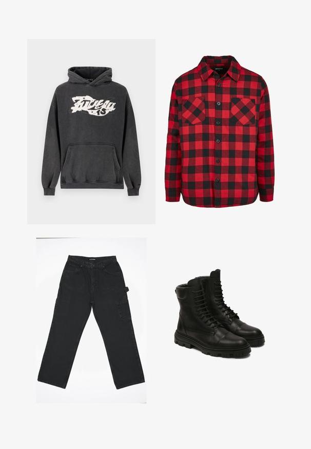 Dunkelgrauer Hoodie aus Baumwolle mit einer aufgesetzten Kängurutasche vorne und einem übergroßen Schnitt. Weißer Grafikdruck auf der Brust mit einem Used-Effekt.; Rot- und Schwarzkariertes Flanellhemd mit Knopfdesign, ausgestattet mit zwei Brusttaschen und einem Kragen. Hergestellt aus strukturiertem Baumwollstoff.; Schwarze Denim-Hose mit geradem Bein, ausgestattet mit einem Frontknopfverschluss, Gesäßtaschen und einer seitlichen Cargo-Tasche.; Schwarze Lederstiefel mit einer Schnüren-Design, ausgestattet mit einem seitlichen Reißverschluss, robustem Profilsohle und verstärkter Zehenkappe. Glatte Textur und robuste Verarbeitung.