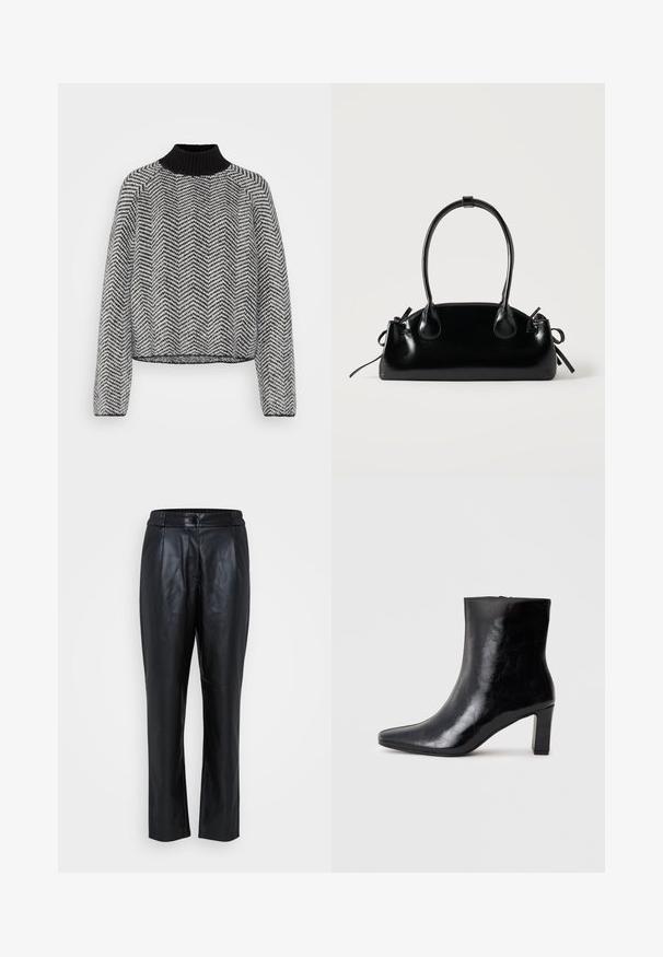 Pull en maille à col roulé dans un motif chevron noir et blanc. Forme ample avec des manches longues et un col côtelé. Texture douce.; Pantalons en cuir noir avec une texture lisse, design à jambe fuselée, taille élastique et détails de couture à l'avant. Adaptés pour un port décontracté ou formel.; Bottine noire en cuir brillant, avec un bout pointu et un talon carré moyen, présentant une texture lisse et un design simple.; Petit sac à main noir brillant avec deux longues anses et des détails à cordon sur les côtés sur un fond clair uni.