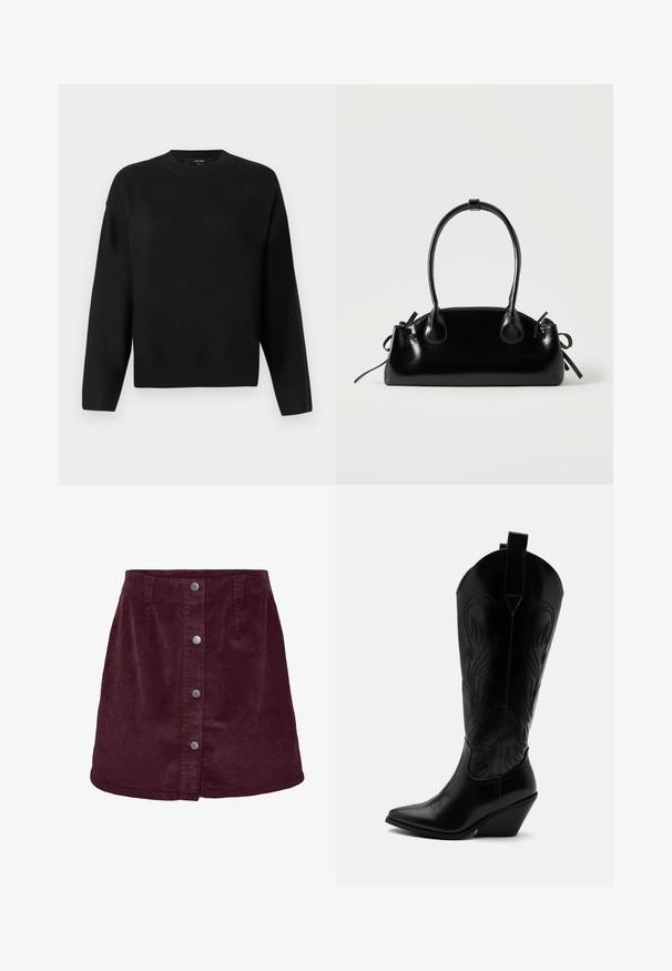 Pull en tricot noir avec un col rond, des épaules tombantes et des poignets côtelés. Texture lisse et coupe décontractée, ample.; Jupe mini en velours côtelé bordeaux avec une forme évasée, dotée de cinq boutons argentés sur le devant et d'une texture côtelée subtile.; Botte de cowboy en cuir noir avec bout pointu, talon bloc incliné, couture décorative et languettes en haut sur fond blanc.; Petit sac à main noir brillant avec deux longues anses et des détails à cordon sur les côtés sur un fond clair uni.