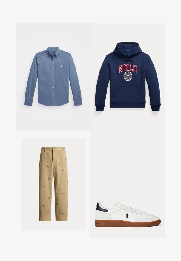 Tmavomodrá mikina s kapucňou, predným vreckom, kapucňou so sťahovacou šnúrkou, červeným textom "POLO" a kruhovým logom Polo Ralph Lauren New York na hrudi.; Košeľa na gombíky v svetlom modrom odtieni, vyrobená z bavlny, s dlhými rukávmi a gombíkovými manžetami, klasickým golierom a vyšitým logom na hrudi.; Béžové kordurové nohavice s vyšívanými motívmi psov, rovný strih nohavíc, päťvreckový štýl s predným zapínaním na gombík.; Biela nízka teniska s hnedou podrážkou, čiernym záplatou na päte, vyšitým logom hráča póla a bielymi šnúrkami.