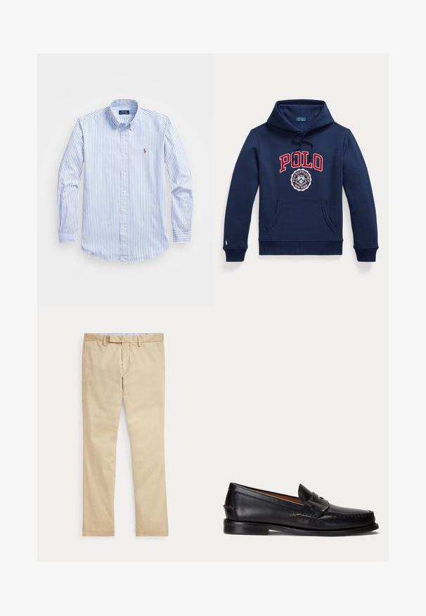 Tmavomodrá mikina s kapucňou, predným vreckom, kapucňou so sťahovacou šnúrkou, červeným textom "POLO" a kruhovým logom Polo Ralph Lauren New York na hrudi.; Svetlomodrá a bielo pruhovaná košeľa na gombíky s golierom, dlhými rukávmi a malým logom na hrudi. Bavlnený materiál.; Béžové nohavice s rovnými nohavicami, s pútkami na opasok a predným zipsom, položené na bielom pozadí.; Čierny kožený mokasín s nízkym podpätkom a detailom s penny remienkom, zobrazený z boku na svetlosivom pozadí.