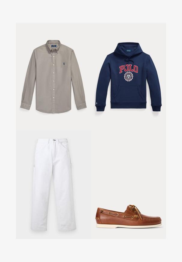 Marineblaue Kapuzenjacke mit Fronttasche, Kordelzugkapuze, rotem "POLO"-Text und rundem Polo Ralph Lauren New York-Logo auf der Brust.; Hellgraues, langärmliges Hemd mit Knopfleiste, Kragen und blauem Polo Ralph Lauren Sticklogo auf der linken Brust.; Weiße Hose mit hohem Bund, geradem Bein, Gürtelschlaufen, Vorder Taschen, Knopfverschluss und einer seitlichen Utility-Tasche vor einem einfarbigen Hintergrund.; Brauner Leder-Bootsschuh mit weißer Sohle, oben geschnürte Schnürsenkel und Metallösen entlang der Seiten und der vorderen Naht.