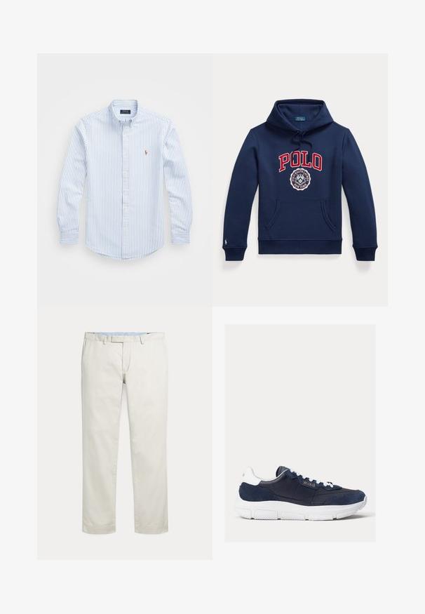 Marineblaue Kapuzenjacke mit Fronttasche, Kordelzugkapuze, rotem "POLO"-Text und rundem Polo Ralph Lauren New York-Logo auf der Brust.; Hellblau und weiß gestreiftes Button-up-Hemd mit Kragen, langen Ärmeln und einem kleinen gestickten Logo auf der Brust. Aus Baumwollmaterial.; Cremefarbene gerade geschnittene Hosen mit Gürtelschlaufen und verdecktem vorne liegenden Verschluss auf einfarbigem Hintergrund.; Marineblaue Sneaker mit einer Kombination aus glattem Leder und Wildlederobermaterial, weißer Gummisohle und kontrastierenden weißen Schnürsenkeln mit Logo-Akzent an der Seite.