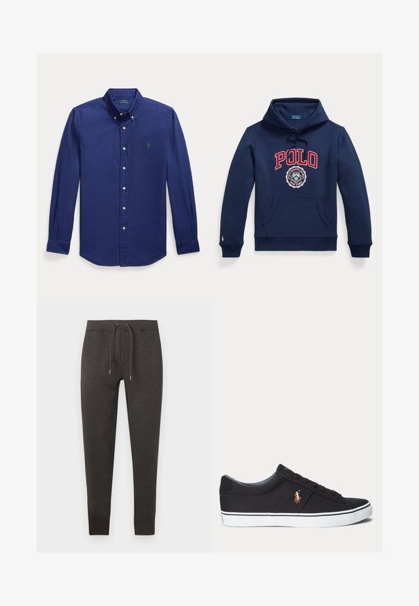 Marineblå hættetrøje med forlomme, snørejusteret hætte, rød "POLO" tekst og cirkulært Polo Ralph Lauren New York-logo på brystet.; Mørkeblå langærmet skjorte med knapper lavet af bomuld. Har en spids krave og et lille grønt broderet logo på venstre bryst.; Mørkegrå joggingbukser lavet af blødt materiale, med elastisk talje med snor, tilspidsede ben og manchetter ved anklerne.; Sort lav sneakersko med hvid sål og broderet polo spiller logo på siden, med snørebånd og tekstureret stofoverdel.