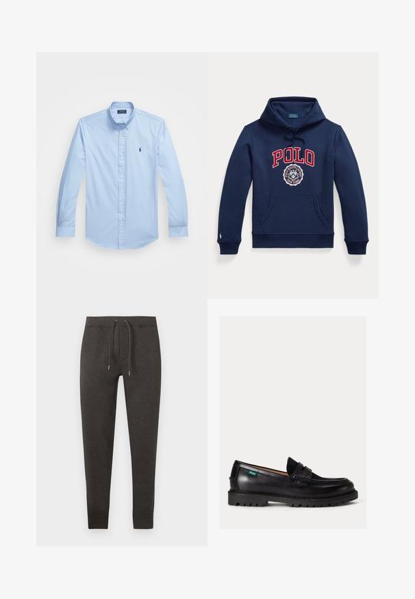 Tmavomodrá mikina s kapucňou, predným vreckom, kapucňou so sťahovacou šnúrkou, červeným textom "POLO" a kruhovým logom Polo Ralph Lauren New York na hrudi.; Svetlomodrá košeľa na gombíky vyrobená z bavlny s dlhými rukávmi, špicatým golierom a vyšitým logom na ľavej hrudi. Plosky predný dizajn.; Tmavomodré tepláky z mäkkého materiálu, s elastickým pásom na šnúrku, zužujúcimi sa nohavicami a manžetami pri členkoch.; Čierny kožený loafer s hrubou podrážkou, zaoblenou špičkou a zelenou štítkom s logom Polo na boku.