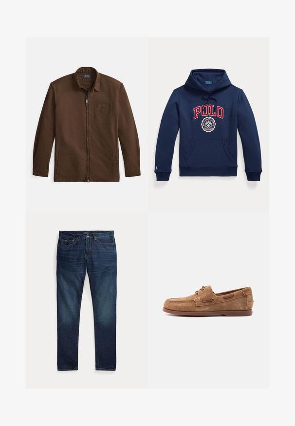 Marineblauwe hoodie met voorzak, capuchon met trekkoord, rode "POLO" tekst en cirkelvormige Polo Ralph Lauren New York-logo op de borst.; Bruine jas met ritssluiting gemaakt van gestructureerde stof, met een kraag, voorzak en zijzakken. Minimalistisch ontwerp met lange mouwen.; Donkerblauwe denim jeans met vijf zakken, een ritssluiting en knoopsluiting, plat gelegd op een witte achtergrond.; Bruine suède mocassin met leren veters, gestikte neus en platte rubberen zool, zijaanzicht op een lichte achtergrond.