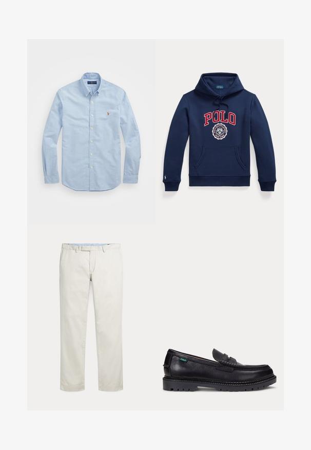Marineblaue Kapuzenjacke mit Fronttasche, Kordelzugkapuze, rotem "POLO"-Text und rundem Polo Ralph Lauren New York-Logo auf der Brust.; Himmlisch blaues Langarm-Hemd aus Baumwolle mit klassischem Kragen und kleinem roten gestickten Logo auf der Brust.; Cremefarbene gerade geschnittene Hosen mit Gürtelschlaufen und verdecktem vorne liegenden Verschluss auf einfarbigem Hintergrund.; Schwarzer Lederloafer mit dicker Profilsohle und kleinem grünen "Polo"-Etikett an der Außenseite nahe der Ferse.