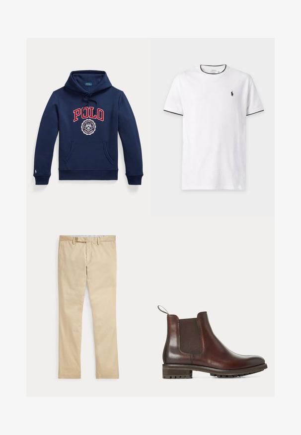 Tmavomodrá mikina s kapucňou, predným vreckom, kapucňou so sťahovacou šnúrkou, červeným textom "POLO" a kruhovým logom Polo Ralph Lauren New York na hrudi.; Biele tričko s krátkym rukávom so čiernou lemovkou na golieri a rukávoch, s malým čiernym logom Polo Ralph Lauren na ľavej strane hrude.; Béžové nohavice s rovnými nohavicami, s pútkami na opasok a predným zipsom, položené na bielom pozadí.; Hnedá kožená Chelsea čižma s elastickým bočným panelom, sťahovacou pútkom na päte a hrubou gumovou podrážkou so vzorom.