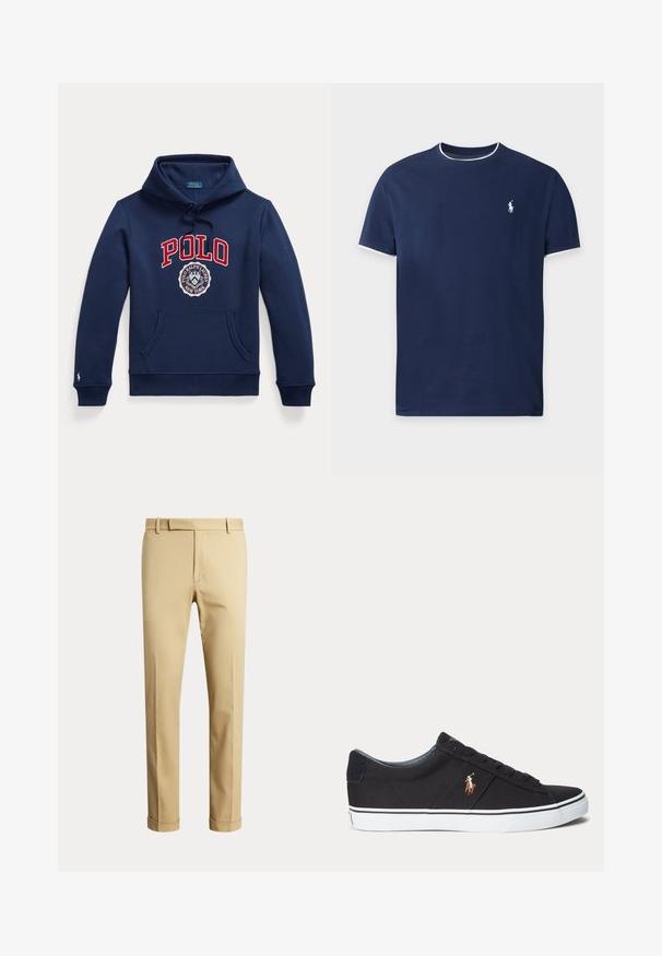 Tmavomodrá mikina s kapucňou, predným vreckom, kapucňou so sťahovacou šnúrkou, červeným textom "POLO" a kruhovým logom Polo Ralph Lauren New York na hrudi.; Tmavomodré tričko s krátkym rukávom s bielym lemovaním na golieri a rukávoch, s malým bielym logom polo hráča na ľavej strane hrudníka.; Béžové nohavice s rovnými nohavicami, pútkami na opasok, predným zipsom a ohrnutými lemami, zobrazené na jednofarebnom svetlom pozadí.; Čierna nízka teniska s bielou gumovou podrážkou a vyšívaným hnedým logom koňa na boku.