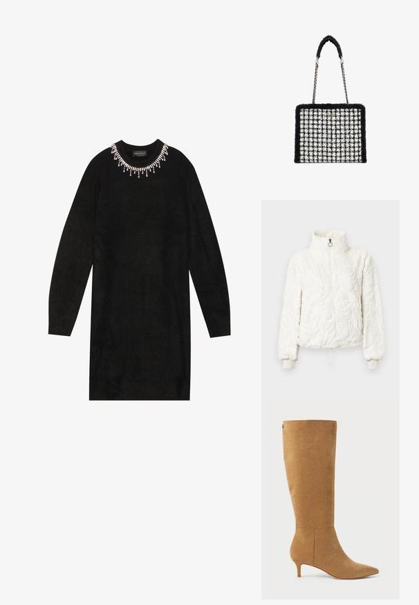 Witte, pluche pulloverjas met een hoge kraag, een ritssluiting aan de voorkant, geribbelde manchetten en een textuur met een bloemmotief in de stof.; Zwarte gebreide sweaterdress met een ronde halslijn versierd met heldere kraalversieringen, lange mouwen en geribbelde zoomaccenten.; Lauren Ralph Lauren MCKAY SUEDE TALL BOOT HEEL - Laarzen - camel; Zwart-wit houndstooth patroon handtas, met een gestructureerde zwarte rand, zilveren kettingarmband en een gestructureerde rechthoekige vorm.