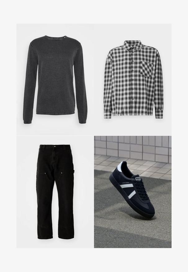 Grijze sweatshirt met lange mouwen en ronde halslijn. Zachte textuur, subtiele stikseldetails langs de naden. Eenvoudig, ontspannen pasvorm ontwerp.; Zwart-wit geruite blouse met lange mouwen, gemaakt van zachte stof, met een knoopsluiting aan de voorkant en een borstzak. Gekraagde ontwerp met een relaxte pasvorm.; Zwarte denim cargobroek met een relaxed fit, voorzien van twee zijzakken, steekzakken en zichtbare stiksels.; Zwarte leren sneaker met witte strepen, een gestructureerde rubberen zool en vetersluiting aan de voorkant. Voorzien van een merklabel op de tong.