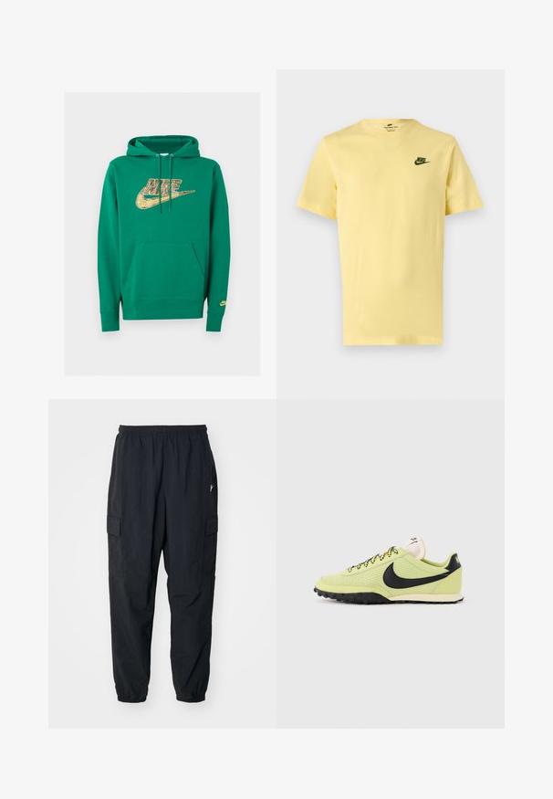 Roheline Nike kapuutsiga dressipluus ees tasku ja kuldne piksliline Nike logo rinnal ning väike logo vasakul varrukal ääres.; Hele kollane lühikeste varrukatega Nike T-särk rohelise Nike logoga vasakul rinnal, esitatud ühevärvilisel heledal taustal.; Mustad mustad püksid kergest materjalist, elastse vöökoha, küljetaskute ja lõdva istuvuse ning elastsete mansettidega.; Hele roheline Nike jooksujalats, millel on must Swoosh-logo, must-valged paelad ning tekstuuriga tald, tasasel taustal.