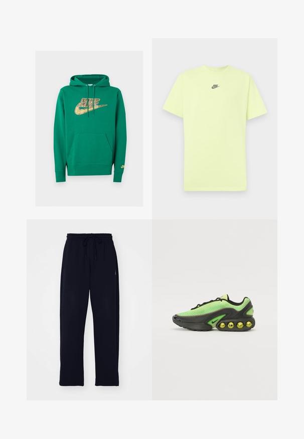 Grøn Nike hættetrøje med forlomme og gyldent pixeleret Nike-logo på brystet samt lille logo på venstre ærmekant.; Limegrøn kortærmet T-shirt lavet af bomuld, med en lille sort Nike-logo centreret på brystet. Glat tekstur, rund hals.; Sorte sweatpants lavet af blødt materiale. Har en elastisk talje med snoretræk og sidelommer. Lige ben design.; Nike sneakers med en mesh-overdel i lys grøn, sorte accenter og en karakteristisk sål med synlige gule luftbobler.