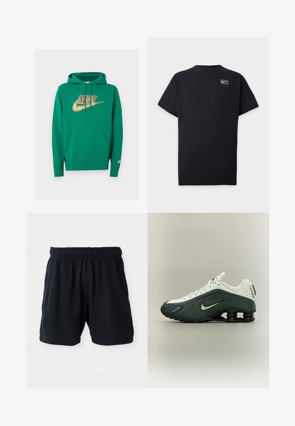 Sudadera con capucha verde de Nike con bolsillo frontal y logo pixelado dorado de Nike en el pecho y pequeño logo en el puño de la manga izquierda.; Camiseta negra de manga corta de Nike con pequeño logo blanco de Nike swoosh dentro de un contorno rectangular en el pecho izquierdo.; Shorts deportivos negros hechos de tela suave, con una cinturilla elástica y dos bolsillos laterales para mayor comodidad.; Zapatilla Nike blanca y verde oscuro con suela negra tipo resorte y cordones, mostrada de perfil sobre un fondo neutro.