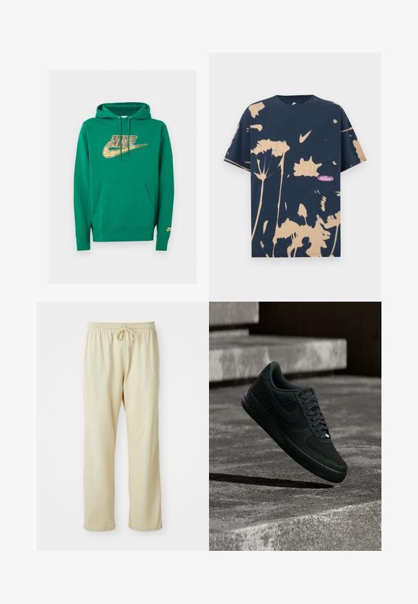 Groene Nike hoodie met voorzak en gouden pixelachtig Nike-logo op de borst en klein logo op de linkermouwboord.; Marineblauw Nike T-shirt met korte mouwen, voorzien van beige tie-dye bloemenpatronen en een klein roze Nike-logo aan de voorzijde rechtsonder.; Lichtbeige sweatpants met een trekkoord in de taille, taps toelopende pijpen en een zachte textuur. Heeft een subtiel merkje op het onderbeen.; Zwarte Nike Air Force 1 sneaker met mesh- en lederen details, die boven getextureerde betonnen treden zweeft bij weinig licht.