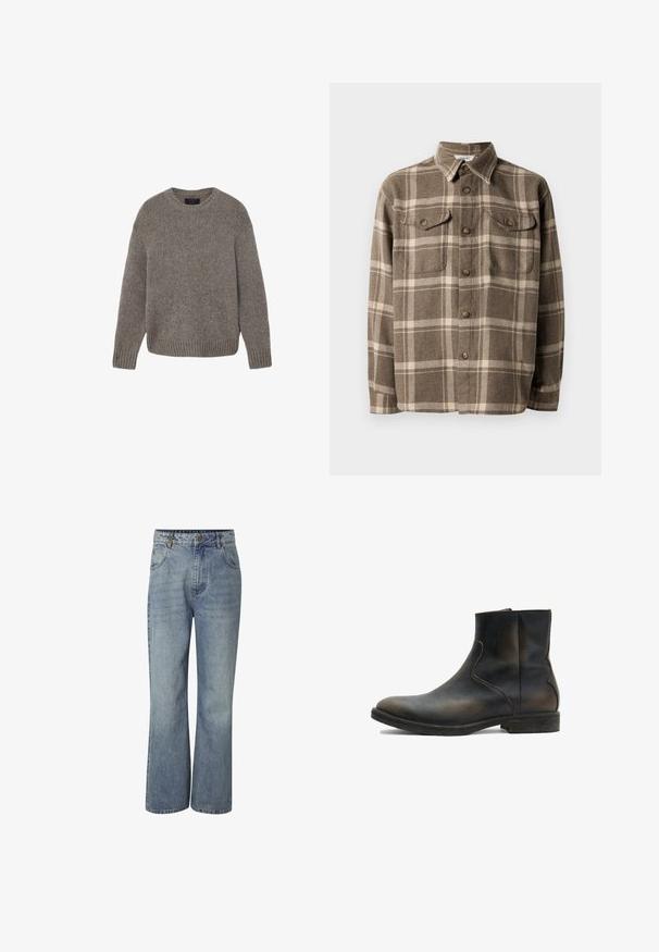 Jersey gris de punto con cuello redondo y mangas largas, con puños y bajo acanalados, presentado extendido sobre un fondo blanco.; Camisa de franela a cuadros marrón y crema con frente abotonado, dos bolsillos en el pecho y un cuello clásico. Textura suave y corte relajado.; Vaqueros de denim azul de cintura alta con piernas anchas, cierre frontal con botones, trabillas para cinturón y bolsillos delanteros y traseros.; AllSaints LANG - Botines - brown