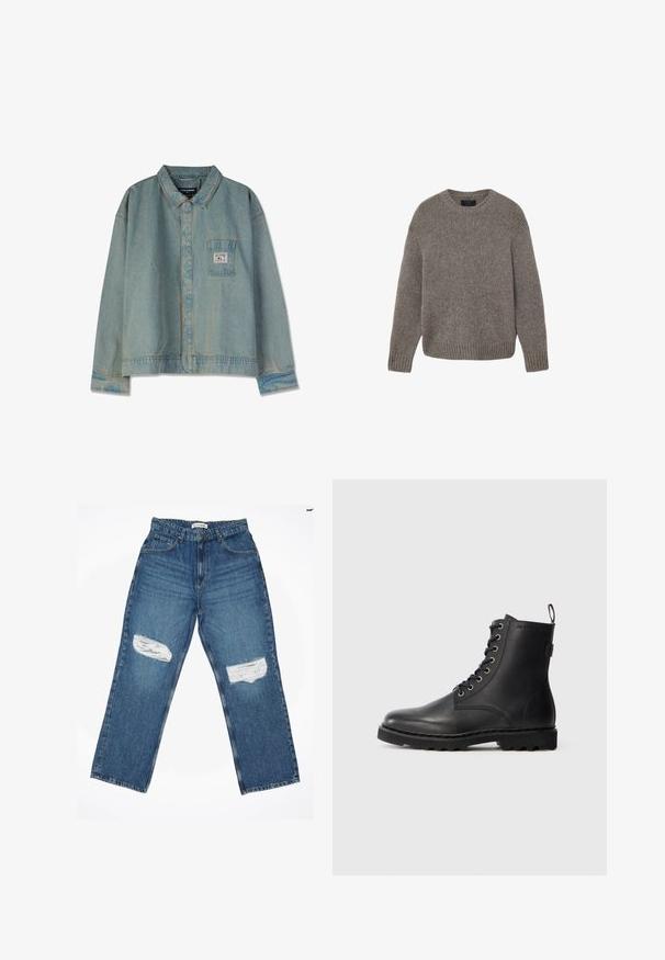 Grå strikket langærmet rundhalset sweater med ribstrikkede manchetter og kant, vist fladt på en hvid baggrund.; Lys blå denimjakke med spidse krave, lange ærmer, brystlomme og synlige sømme; afslappet pasform og slidt tekstur.; Lyseblå denimjeans med lige ben, der har to slidte knælapper og standard fem-lomme design.; Sort læder ankelstøvle med rund tå, snøredesign og metaløjer. Har en tekstureret sål og en pull-tab ved hælen for nem påtagning.