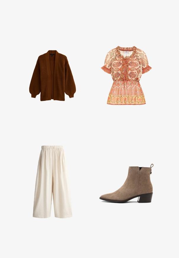Brun strikket cardigan med dyb V-hals, brede ærmer og ribbet tekstur. Åben front uden lukninger, med en løs pasform.; Bluse med en samlet halsudskæring og korte ærmer; har et blomster-paisley mønster i orange, hvidt og guldtoner, med en indsnævret talje.; Løse beige linnedbukser med vide ben, elastisk taljebånd og snøre foran, kort længde, ingen synlige lommer eller mønstre.; Brune ruskinds ankelstøvler med spids tå, lav blokhæl og en løkke bagpå. Glat tekstur med minimale syninger.
