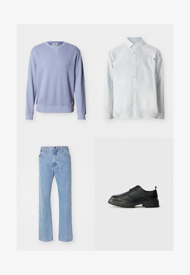 Lyseblå langærmet sweatshirt med rund hals, ribstrikkede manchetter, kant og en lille mærkeetiket på den nederste side.; New Balance OXFORD - Skjorter - blue; Lyseblå straight-leg denim jeans med frontknap- og lynlåslukning, bæltestropper og standard forlommer.; Sorte læder snøresko med rund tå, tekstureret overflade og kraftig gummisål med dybe riller for bedre greb.