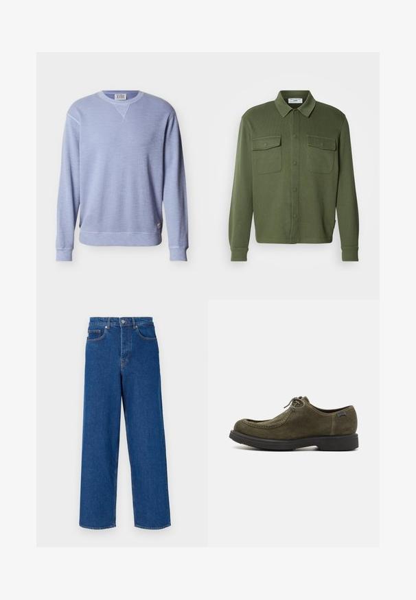 Hellblauer Pullover mit Rundhalsausschnitt und langen Ärmeln, gerippten Bündchen und Saum sowie einem kleinen Markenetikett an der unteren Seite.; Olivgrünes Hemd zum Knöpfen aus strukturiertem Stoff, mit zwei Brusttaschen und einem Kragen mit Knopfverschluss.; Weite blaue Jeans aus Denim mit hoher Taille, Fünf-Taschen-Design und Kontrastnähten entlang der Nähte und Taschen.; Dunkelgrüne Wildlederschuhe mit glatter Oberfläche, runder Zehenform, genähten Akzenten und einer schwarzen Gummisohle.