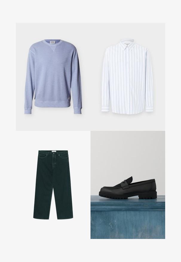Lyseblå langærmet sweatshirt med rund hals, ribstrikkede manchetter, kant og en lille mærkeetiket på den nederste side.; Lyseblå og hvidstribet skjorte med lange ærmer, knappet krave, bomuldsstof, har et lille logo på brystet, lige snit.; Mørkegrønne vidde denimjeans med knap- og lynlås lukning, forlommer og bæltestropper, liggende fladt på en hvid baggrund.; Sort lædersko uden snørebånd med en tekstureret stofdetalje, en robust gummisål og en glat finish. Har diskrete syningsdetaljer.