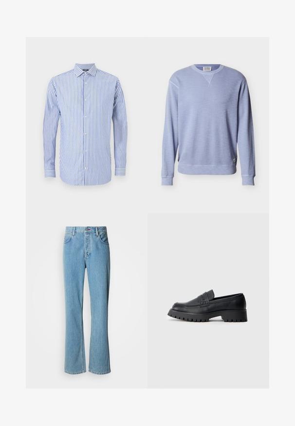 Lyseblå langærmet sweatshirt med rund hals, ribstrikkede manchetter, kant og en lille mærkeetiket på den nederste side.; Blå og hvid stribet button-up skjorte med krave, lange ærmer og lige kant. Blødt stof og klassisk pasform.; Lyseblå denim flare jeans med høj talje, lodrette striber og fem-lomme-design med knaplukning foran.; Sorte læder loafers med en rund tå, prydet med en dekorativ rem og en kraftig gummisål med dybe riller for grip.