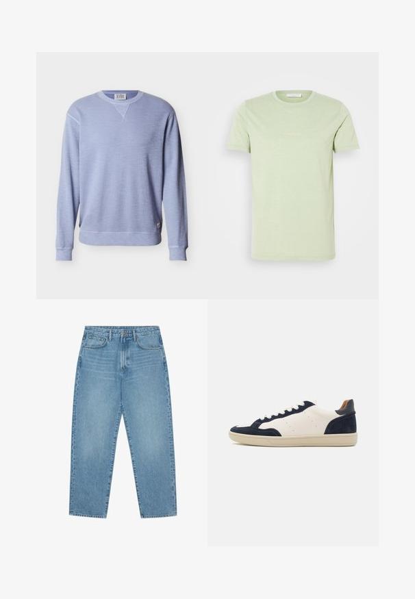 Sweat-shirt à manches longues bleu clair avec col rond, poignets et ourlet côtelés, et une petite étiquette de marque sur le côté inférieur.; T-shirt en coton vert clair avec un col rond et des manches courtes. Dispose de l'inscription "Ciao Bella" imprimée dans une couleur claire et subtile à l'avant.; Jean en denim bleu clair avec une coupe droite, design cinq poches et une texture légèrement délavée. Dispose d'une fermeture à bouton et à glissière.; Baskets en cuir et daim bleu marine et crème avec une semelle en caoutchouc, bout rond et lacets blancs. Présente des accents perforés sur les côtés.