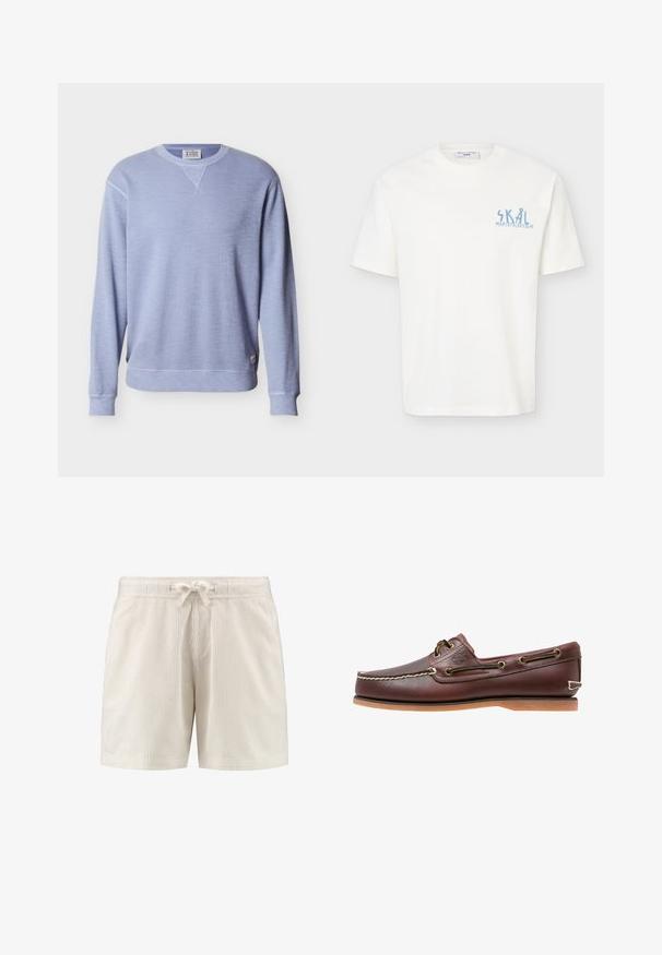 Lichtblauwe lange mouwen crewneck sweatshirts met geribbelde manchetten en zoom en een klein merkembleem aan de onderkant.; Wit T-shirt met korte mouwen en ronde hals, met kleine lichtblauwe tekst "SKÅL MARC O’POLO DENIM" op de bovenste linkerborst.; Beige geribde stoffen short met een elastische tailleband en een gestrikt trekkoord aan de voorzijde in het midden.; Bruine leren bootschoen met witte stiksels, veterdetails en beige rubberen zool, zijaanzicht op een witte achtergrond.