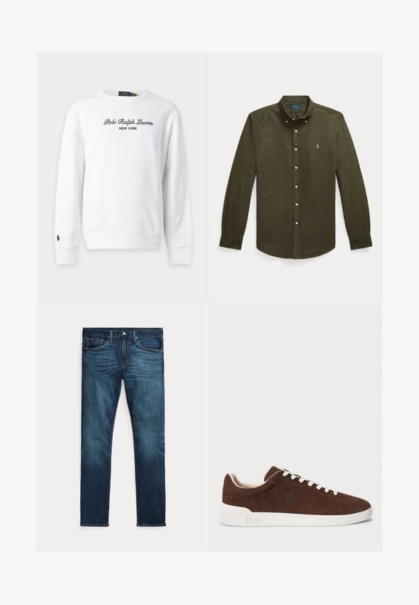 Valge pika varrukaga dressipluus, millele on rinnale tikitud "Polo Ralph Lauren New York" ning vasakul mansetil väike must logo.; Pikkade varrukatega oliivroheline nööpidega särk kraega ja väikese tikitud logoga vasakul rinnal.; Tumesinised kitsad teksad esiküljel nööbi ja tõmblukuga, viie taskuga ning peene tuhmumisega reite ja põlvede eesosas.; Pruunist sametist madalad tossud valge kummist tallaga, valge ketsikett ja polo logo tikkimisena küljel.