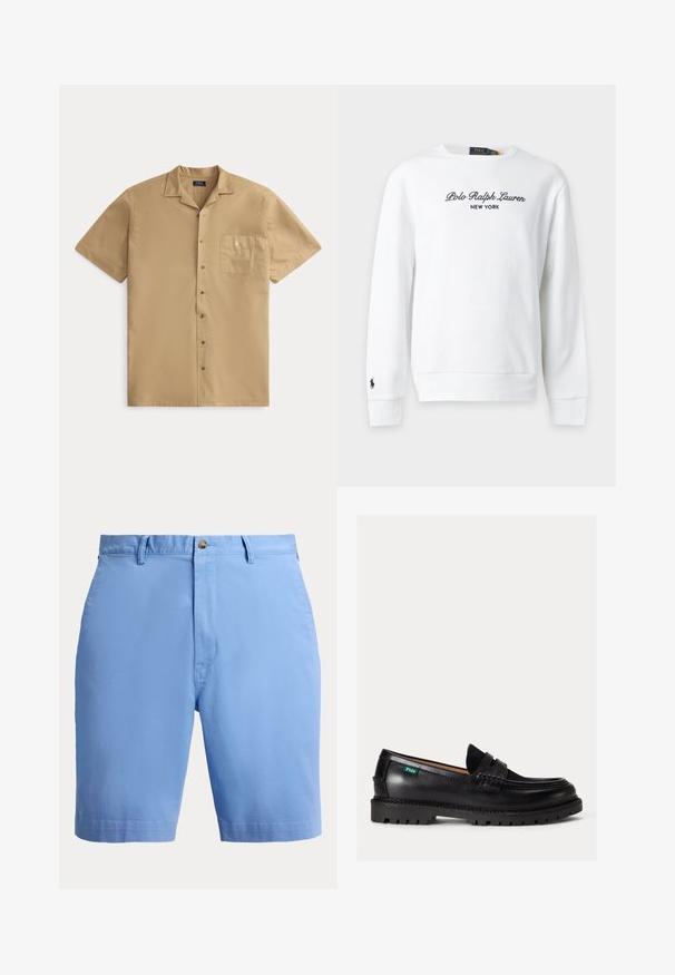 Λευκό φούτερ με μακρύ μανίκι, με το "Polo Ralph Lauren New York" κεντημένο στο στήθος και μικρό μαύρο λογότυπο στο αριστερό μανίκι.; Μπεζ πουκάμισο με κοντά μανίκια, κουμπιά, γιακά και τσέπη στο στήθος με μικρό κεντητό λογότυπο.; Ανοιχτό μπλε ανδρικά σορτς ραμμένα στα μέτρα με θηλιές για ζώνη, κούμπωμα με κουμπί και ορατές μπροστινές τσέπες από μπροστά.; Μαύρο δερμάτινο μοκασίνι με χοντρή σόλα, στρογγυλεμένη μύτη και πράσινη ετικέτα με το λογότυπο Polo στο πλάι.