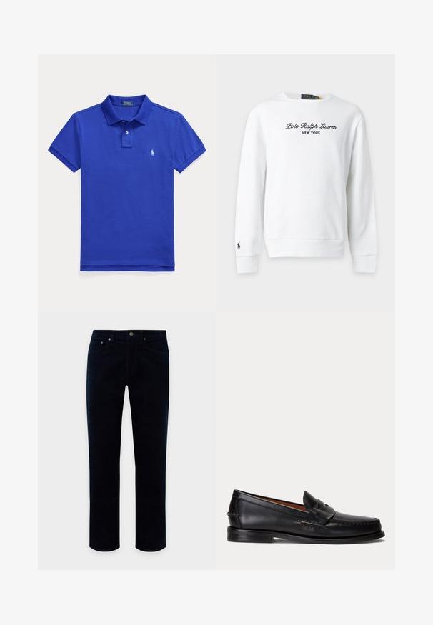 Λευκό φούτερ με μακρύ μανίκι, με το "Polo Ralph Lauren New York" κεντημένο στο στήθος και μικρό μαύρο λογότυπο στο αριστερό μανίκι.; Μπλε κοντομάνικο πόλο με γιακά, κούμπωμα με δύο κουμπιά και μικρό κεντητό λογότυπο στο αριστερό στήθος.; Μαύροι παντελόνες κοτλέ με ίσια γραμμή, εμπρόσθιες τσέπες και κλείσιμο με κουμπί σε μονόχρωμο φόντο.; Μαύρο δερμάτινο μοκασίνι με χαμηλό τακούνι και λεπτομέρεια με λουράκι penny, εμφανιζόμενο πλευρικά σε ανοιχτό γκρι φόντο.