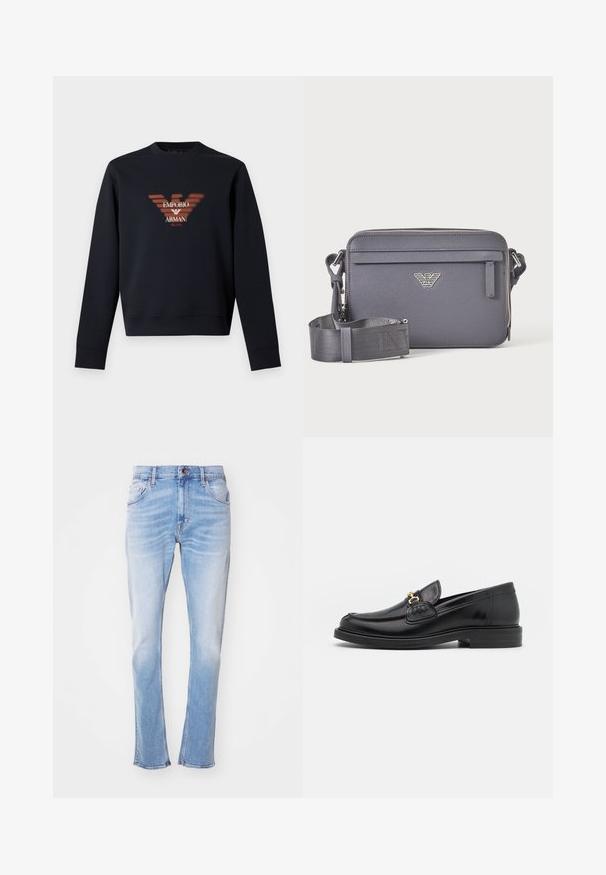 Čierna mikina s dlhým rukávom a okrúhlym výstrihom s veľkým logom Emporio Armani a textom "EMPORIO ARMANI MILANO" v strede vpredu.; Svetlo modré džínsy vyrobené z denimu, s rovnými nohavicami, jemným vyblednutím, piatimi vreckami a gombíkovým zapínaním. Žiadne viditeľné vzory ani ozdoby.; Čierne kožené loafers so zaoblenou špičkou, s pozlátenými kovovými prvkami a detailným šitím, uložené na nízkej, textúrovanej gumenej podrážke.; Tmavosivá obdĺžniková crossbody taška s nastaviteľným popruhom, predným vreckom na zips a strieborným logom.