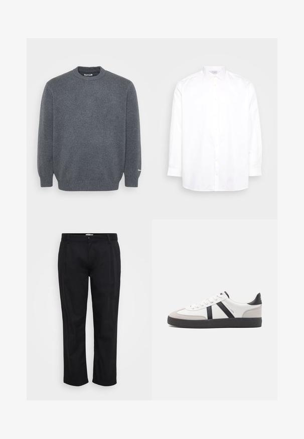 Pull en laine gris foncé à col rond, avec des poignets et un ourlet côtelés, texture tricotée unie, et petit logo blanc sur le poignet gauche.; Chemise blanche à manches longues et boutonnée, en coton. Présente un col pointu et six boutons sur le devant. Texture lisse, coupe régulière.; Jack & Jones Wide-leg Plus Size Wide Leg Fit - Pantalon classique - black; Baskets blanches avec des accents noirs et gris, présentant un embout texturé gris, une semelle en caoutchouc noir et des lacets plats blancs. Design épuré, style minimaliste.