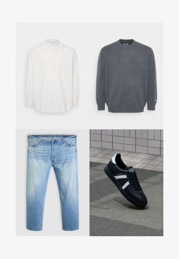 Mørkegrå uldtrøje med rund hals, ribbede manchetter og kant, ensfarvet strikstruktur og lille hvidt logo på venstre manchetkant.; Skjorte med knap-op i hvid og lys beige striber, lange ærmer, lomme på venstre bryst, klassisk krave, letvægtsstof.; Lyseblå denimjeans med falmet detaljer, lukkes foran med knap og lynlås, bæltestropper og design med fem lommer.; Sort lædersneaker med hvide striber, tekstureret gummisål og snørrebånd foran. Har et brandet mærke på tungen.