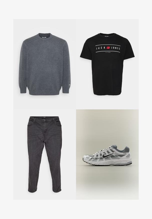 Mørkegrå uldtrøje med rund hals, ribbede manchetter og kant, ensfarvet strikstruktur og lille hvidt logo på venstre manchetkant.; Sort bomulds t-shirt med et frontgrafikdesign, der har teksten "JACK & JONES" i hvid og en rød accentboks. Klassisk crew neck stil.; Sorte denim jeans med lige ben, der har en knaplukning, sidelommer og subtile falmninger, hvilket giver et klassisk udseende.; Hvid og grå Nike P-6000 sneaker med sort swoosh, meshpaneler og tekstureret sål, vist i sideprofil på neutral baggrund.
