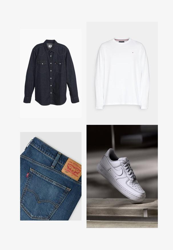 Witte langemouw t-shirt van katoen, met een ronde hals en een klein multicolor logo op de linkerkant van de borst. Zachte textuur.; Donkerdenim langärmige shirt met puntkraag, twee borstzakken, witte knopen en contrasterende gele stiksels. Glad, stevig stof.; Achterzak en tailleband van blauwe Levi's 502 jeans met leren merkembleem en rood Levi's stoffen label.; Witte Nike Air Force 1 sneaker van leer met geperforeerde neus, platte veters en een gestructureerde rubberen zool met "AIR"-logo aan de zijkant.