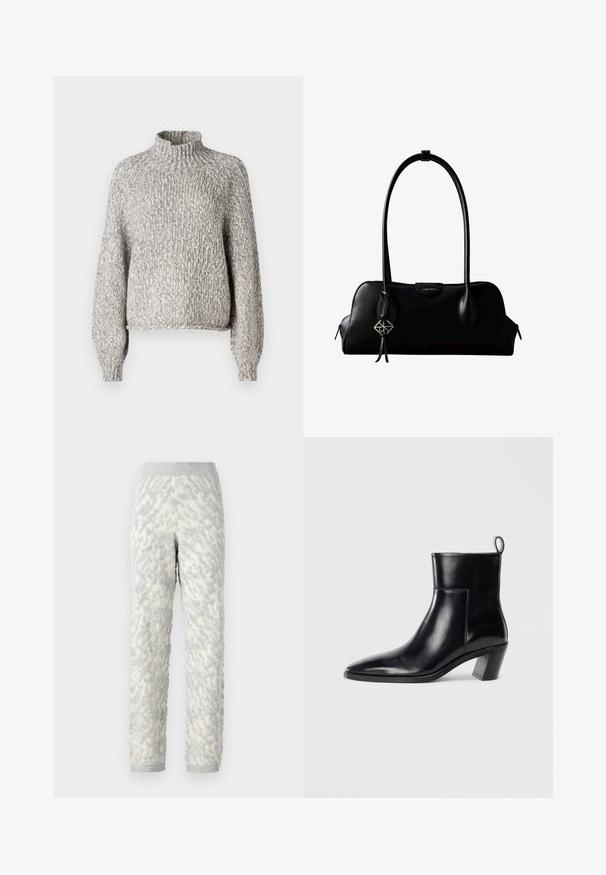 Lys grå strikket sweater med høj krave, oversized pasform og lange ærmer. Det teksturerede stof har et subtilt, varieret mønster.; Strukturerede loungbukser i elfenben med grå mønstre, der har et blødt stof, elastisk talje og ribbede manchetter.; Sort læder ankelstøvle med spids tå, geometrisk stablet hæl og en løftestrop bagpå. Glat tekstur og slankt design.; Sort lædertaske fra Calvin Klein med lange håndtag, en forside-logo-tag og en sølv geometrisk vedhæng, der hænger fra det ene håndtag.