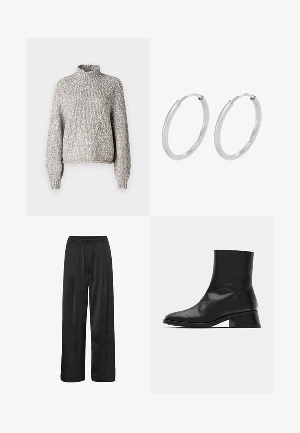 Hellgrauer, gestrickter Pullover mit hohem Kragen, oversized Passform und langen Ärmeln. Der strukturierte Stoff zeigt ein dezentes, abwechslungsreiches Muster.; Schwarze, weite Hosen aus glattem, glänzendem Stoff. Mit einem elastischen Bund und einer Kordel zur Anpassung der Passform.; Schwarze Ankle Boots aus glänzendem Leder, mit einem eleganten Design, spitzer Zehenpartie und einem moderaten Blockabsatz für Stabilität.; Silberne Creolen, kreisförmig, mit glatter, glänzender Oberfläche und gleichbleibender Breite. Minimalistisches Design ohne zusätzliche Akzente.