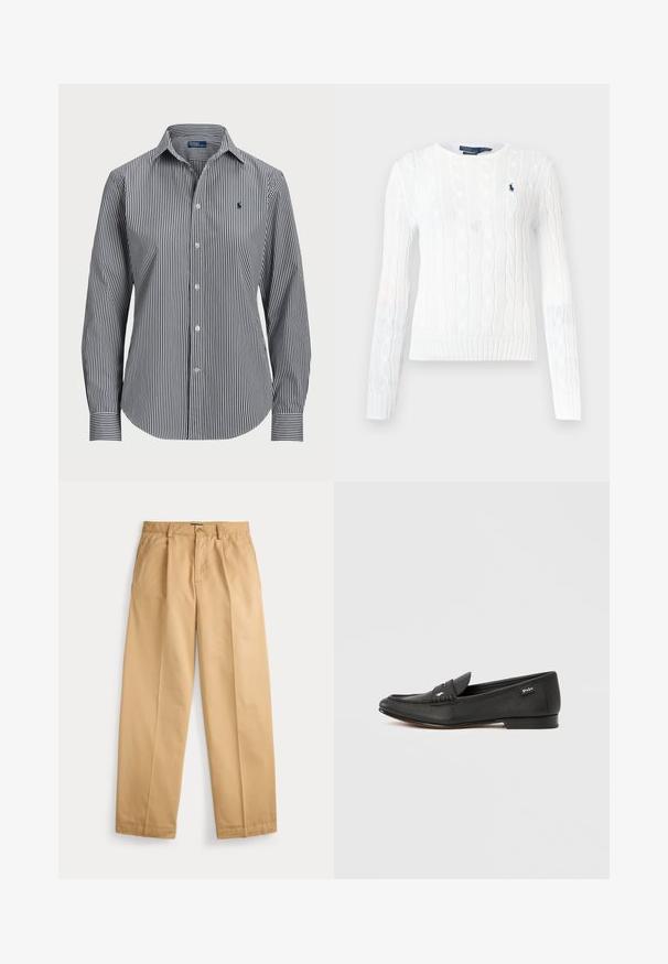 Hvid kabelstrik sweater, rund halsudskæring, lange ærmer, ribbet kant. Har et lille marineblåt logo på brystet, tekstureret mønster over hele. ; Stribet skjorte med knapper, der har lodrette marineblå og hvide striber, lange ærmer, spidse kraver og et lille logo på brystet.; Beige bukser med lige ben, lukning med knap og lynlås, forlommer, bæltestropper og pressede folder ned langs benene.; Sort læderloafer med tekstureret finish, penny keeper-detalje, slank profil, diskret branding på siden og lav, flad hæl.