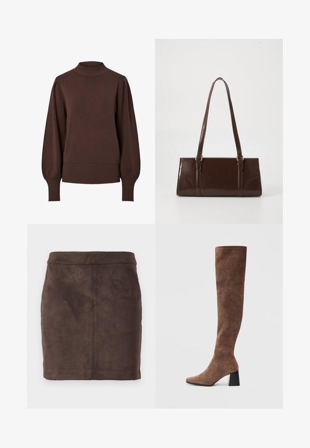 Pull marron à manches longues avec un col haut côtelé, des manches bouffantes et de larges poignets et ourlet côtelés.; Jupe mini en daim marron avec une texture lisse, un design effilé et une taille plate, comprenant des coutures verticales pour la structure.; Bottes marron au-dessus du genou en suede doux avec un bout pointu et un talon épais noir. Le design présente des coutures sans couture pour un look élégant.; Sac à main en cuir verni marron de forme rectangulaire, avec deux longues poignées et des accents courbés subtils à l'avant.
