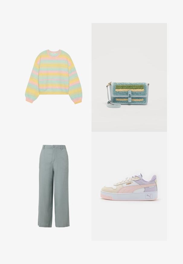 Pastel gestreepte trui van zachte breimateriaal. Heeft brede mouwen, een ronde halslijn, en kleuren: mintgroen, roze, geel en roomkleurig.; Lichtgrijze wijde broek gemaakt van een gladde stof, met een sluiting met knoop aan de voorkant en twee zijzakken.; Heren sneakers in crème, roze en lavendel, met synthetisch leer, witte veters, een dikke witte zool en gouden logo-accenten.; Lichtblauwe crossbodytas met geweven groene, beige en blauwe strepen, een sluiting aan de voorkant en een gouden metalen riembevestiging.