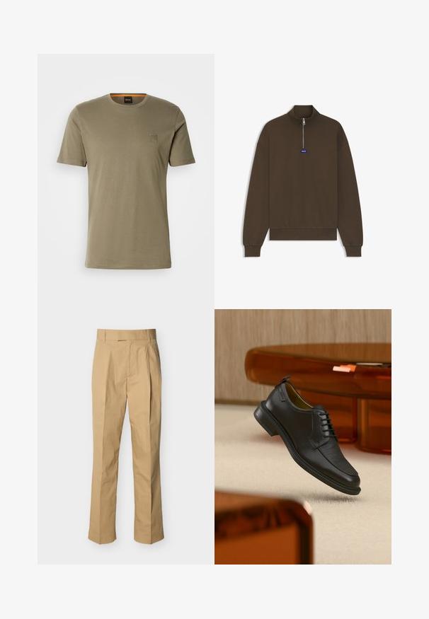 Braunes Sweatshirt mit Reißverschluss, hohem Kragen, gerippten Bündchen und Saum, mit einem kleinen blauen Logo auf der Vorderseite. Glatte, weiche Stoffstruktur.; Olivegrünes Kurzarm-T-Shirt aus Baumwolle mit Rundhalsausschnitt und einem kleinen quadratischen Logopatch auf der linken Brust. Glatte Textur.; Beige Hosen aus glatter Baumwolle mit hoher Taille, vorne mit Falten und geraden Beinen. Keine sichtbaren Beschläge oder Muster.; Schwarzer Leder-Schnürschuh mit texturierter Vorderseite, schwebend über beigem Teppich in einem modernen Raum mit bernsteinfarbenen Möbeln.