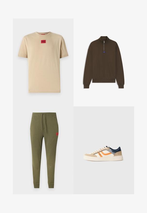 Bruine sweatvest met rits, hoge kraag, geribde manchetten en zoom, met een klein blauw logo aan de voorkant. Gladde, zachte stoftextuur.; Beige katoenen T-shirt met een relaxte pasvorm, voorzien van een kleine rode "HUGO" logo patch in het midden en een klassieke ronde hals.; Olijfgroene slim-fit joggingsbroek met geribbelde manchetten, trekkoord tailleband, zijzakken en een klein rood merkpatch op de linker dij.; Lage sneaker in beige, wit, oranje, grijs en marineblauw met suède accenten, veters aan de voorkant, witte zool en "BOSS"-branding aan de zijkant.