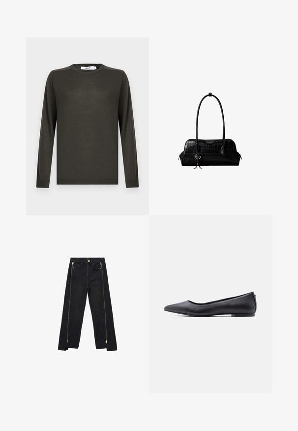 Donkergroene gebreide trui met lange mouwen, ronde halslijn en geribbelde boorden. Gemaakt van een gladde, lichte stof met minimale details.; Zwarte denim jeans met een recht model, voorzien van gouden ritsen aan de zijkanten en standaard zakken op de taille.; Zwarte platte leren schoen met puntige neus en lage hak, zijaanzicht tegen een witte achtergrond.; Zwarte schoudertas van leer met krokodillenstructuur, lange banden en een klein zilveren logohanger aan één band.