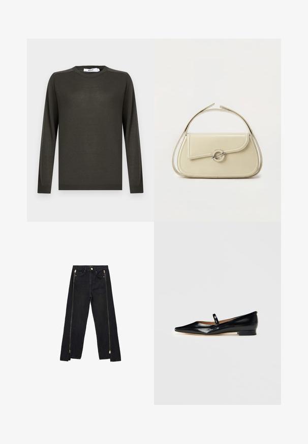 Mørkegrøn striktrøje med lange ærmer, rund halsudskæring og ribbede manchetter. Fremstillet af et blødt, let materiale med minimal detaljering.; Sorte denimjeans med lige ben-design, der har guld lynlåse langs siderne og almindelige lommer ved taljen.; Sorte patenterede læder Mary Jane flade sko med spids tå, én rem og lav hæl på ensfarvet baggrund.; Cremefarvet læderhåndtaske med buet klap, cirkulært sølvspænde og kort topstrop på en ens hvid baggrund.